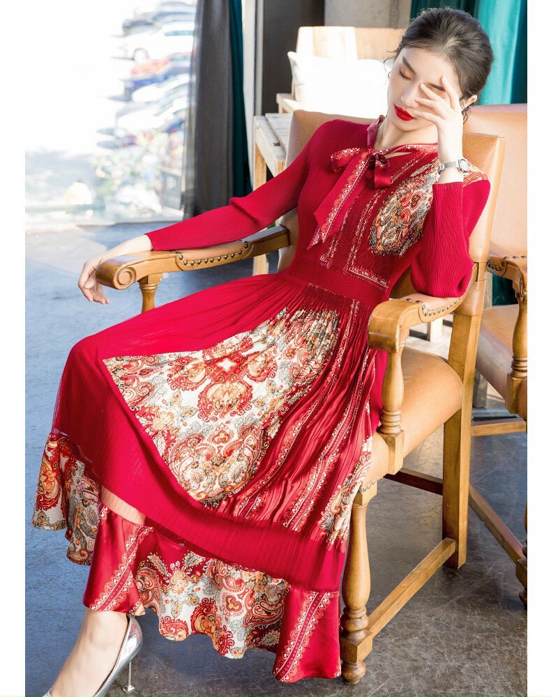 Đầm Dập Ly Họa Tiết Cổ Nơ - HN988